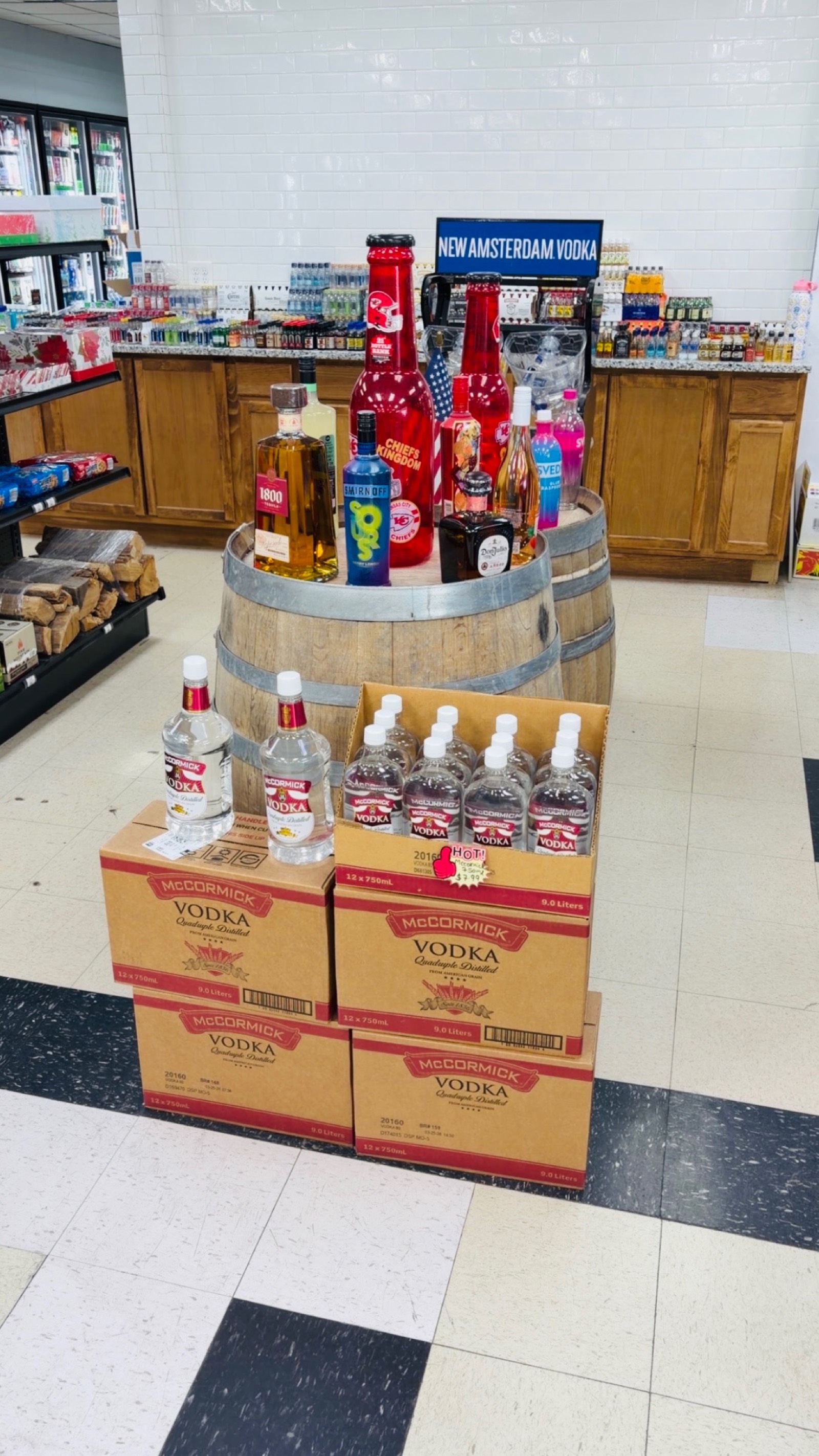 Featured tequila and vodka barrel display