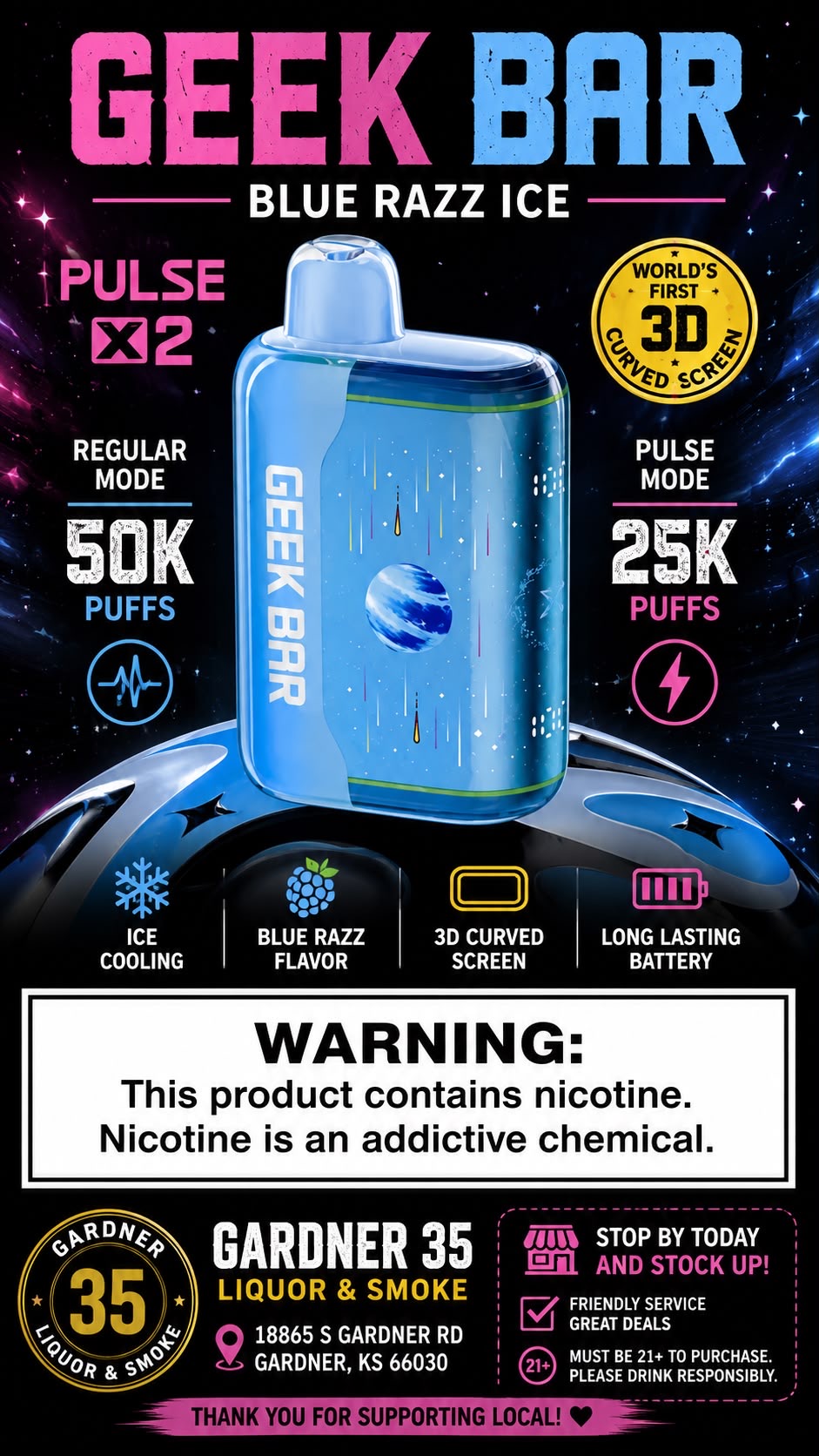 Geek Bar Pulse X2 Blue Razz Ice disposable vape: 50K puffs regular mode, 25K puffs pulse mode, 3D curved screen