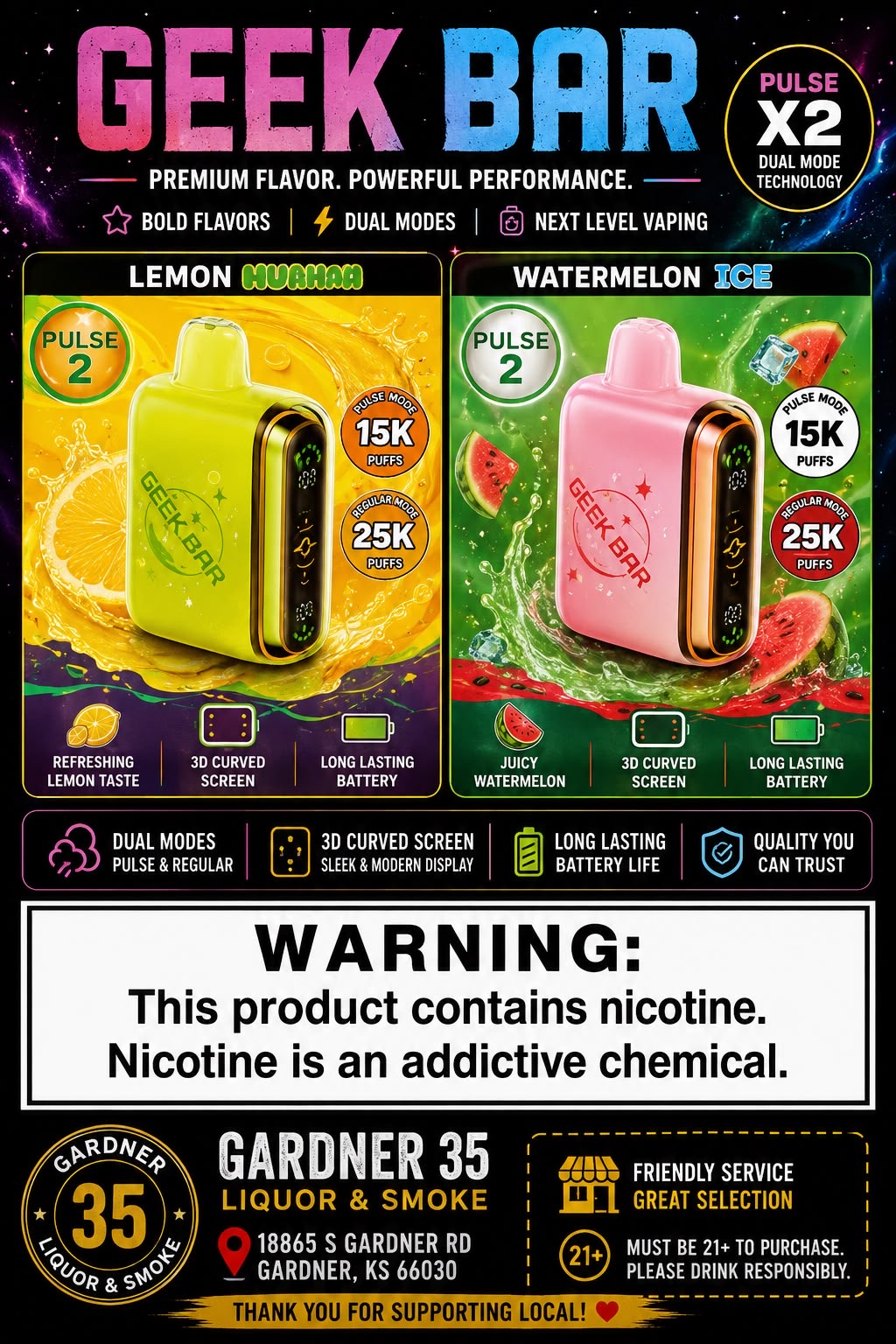 Geek Bar Pulse X2 dual pack: Lemon Huahaa and Watermelon Ice disposable vapes, 25K puffs regular mode, 15K puffs pulse mode